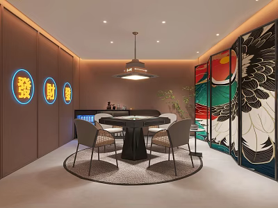 Modern Hotel Mahjong Room Interior With Round Table Chairs Neon Signs And Decorative Screen 3d model