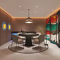 Modern Hotel Mahjong Room Interior With Round Table Chairs Neon Signs And Decorative Screen