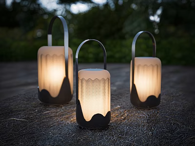 Illuminated Portable Outdoor Lanterns with Cream Textured Shades in Garden Setting 3d model