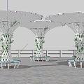 Modern Garden Landscape with White Tree like Lattice Structures Palm Trees and People Activities