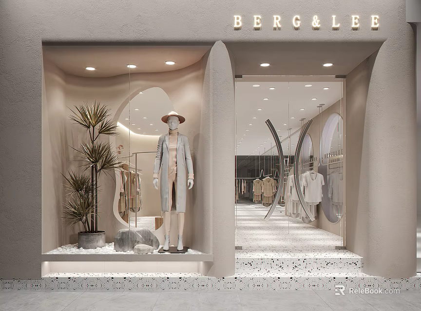 Berg&Lee Clothing Store Modern Minimalist Window Display With Mannequin Green Plant Arched Design Bright Interior 3d model