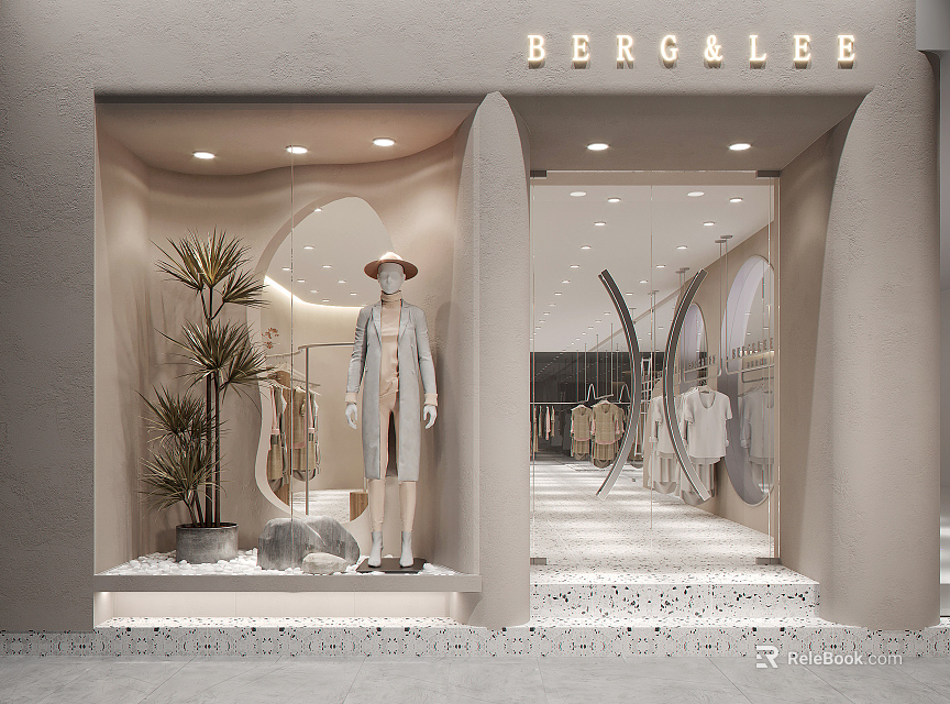 Berg&Lee Clothing Store Modern Minimalist Window Display With Mannequin Green Plant Arched Design Bright Interior 3d model 