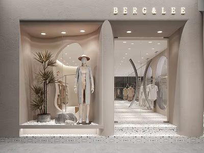 Berg&Lee Clothing Store Modern Minimalist Window Display With Mannequin Green Plant Arched Design Bright Interior 3d model