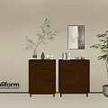 Poliform Modern Brown Wooden Chest of Drawers With Decorative Items Framed Art And Potted Plant