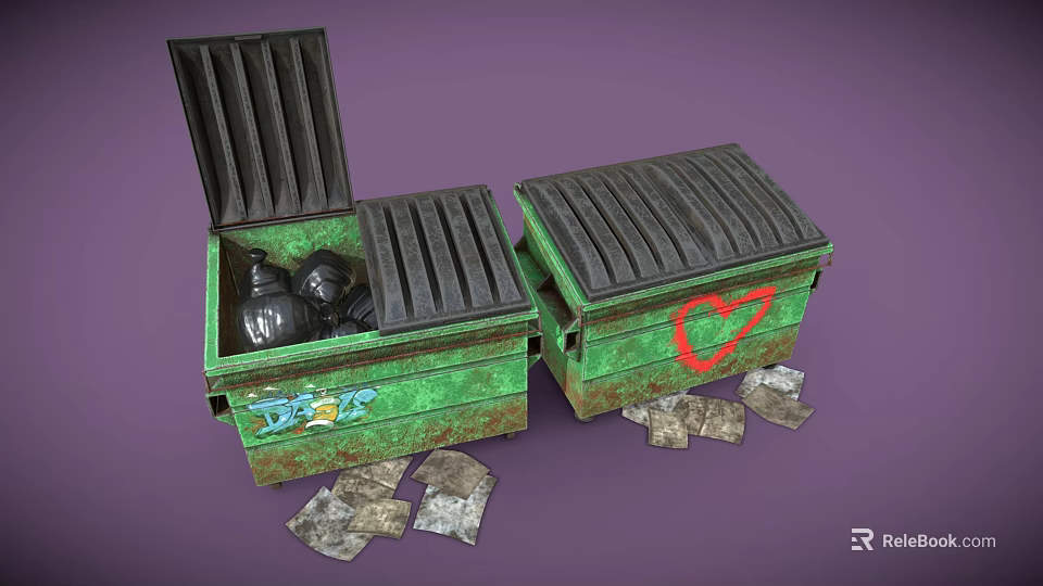 Green Storage Boxes Open With Black Items Inside And Closed One Featuring Red Heart 3d model 
