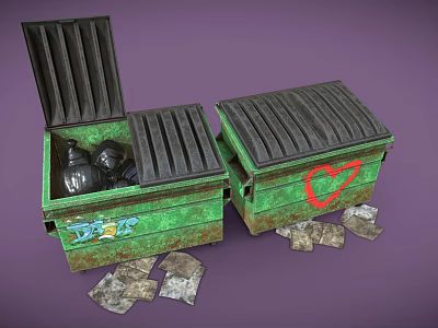Green Storage Boxes Open With Black Items Inside And Closed One Featuring Red Heart 3d model