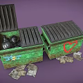 Green Storage Boxes Open With Black Items Inside And Closed One Featuring Red Heart