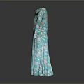 Man Modeling Turquoise Floral Long Sleeve Dress With Belt And Collar Design