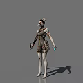 Game and Movie Character with Mechanical Arm Gas Mask Short Hair in Futuristic Cyberpunk Outfit