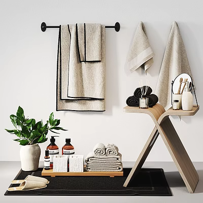 Bathroom Essentials Setup Featuring Hanging Folded Towels Bath Product Bottles Green Plant And Wooden Stand 3d model