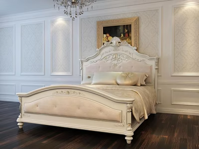 Classic White Double Bed With Carved Headboard In Elegant Bedroom With Paneled Walls And Chandelier 3d model