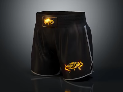 Black MMA Shorts With Yellow Logo And White Side Stripes 3d model