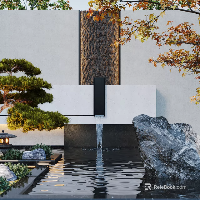 Traditional Japanese Garden Design With Pine Tree Water Feature And Rock Elements 3d model 