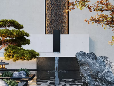Traditional Japanese Garden Design With Pine Tree Water Feature And Rock Elements 3d model