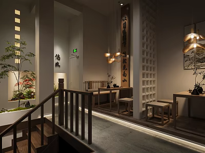 Traditional Chinese Tea House Interior With Wooden Stairs And Plants 3d model