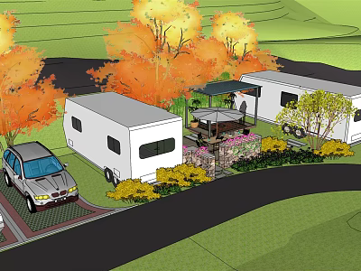 Scenic Garden Landscape With RV Car Autumn Trees Patio And Colorful Flowers 3d model
