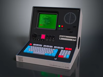 Vintage Computer Control Terminal With Green Screen Colorful Keys And Control Knobs 3d model