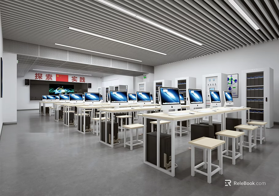 School Computer Lab With Computers Desks Stools And Educational Signs 3d model
