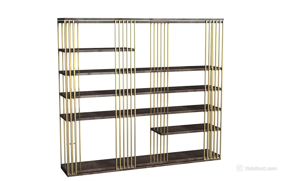 Modern Bookcase With Golden Metal Frame And Dark Wooden Shelves Design 3d model 