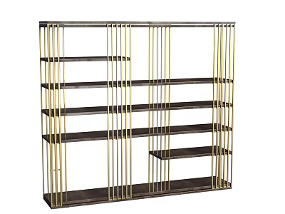 Modern Bookcase With Golden Metal Frame And Dark Wooden Shelves Design 3d model