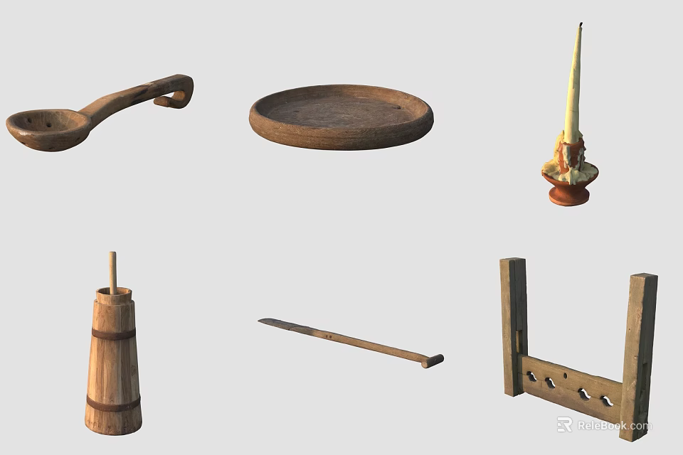 Wooden Home Items Collection Featuring Spoon Tray Candle Holder Barrel Stick and Rack 3d model 