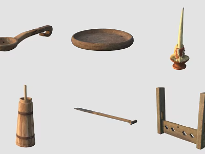 Wooden Home Items Collection Featuring Spoon Tray Candle Holder Barrel Stick and Rack 3d model