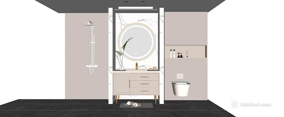 Modern Bathroom Vanity With Round Mirror Marble Countertop Potted Plant And Toilet 3d model 