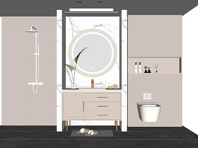 Modern Bathroom Vanity With Round Mirror Marble Countertop Potted Plant And Toilet 3d model