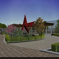Garden Landscape With Red Triangular Sculpture Green Shrubs Trees And Paved Ground 3d model