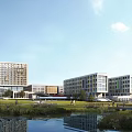Modern School Buildings Architectural Design With Greenery And Students On Campus Plaza