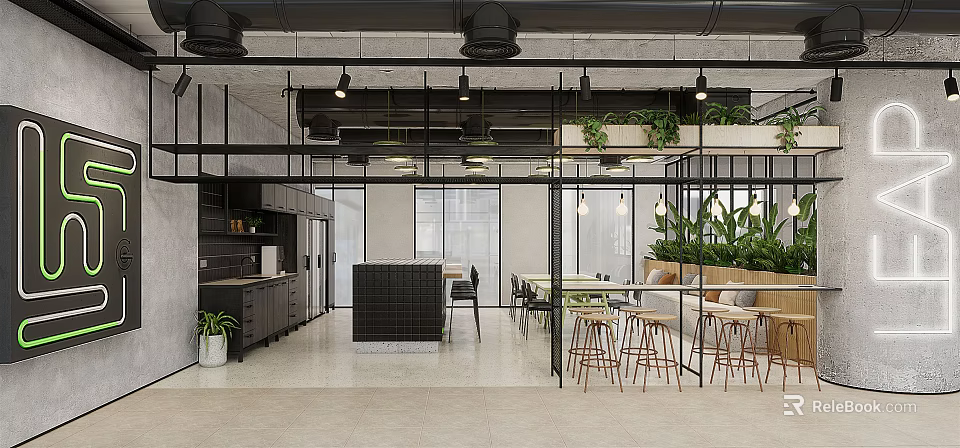 Modern Open Pantry Interior With Green Plants Tables Chairs And Cabinets 3d model 