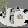 Modern Sofa and Coffee Table Set with Green Chairs Plants and Round Area Rug