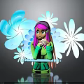 Pink Haired Cartoon Character In Green Hoodie And Headphones Surrounded By White Flower Creatures