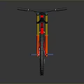 Mountain Bike Featuring Red Frame Yellow Fork Large Tires Black Seat And Reflection