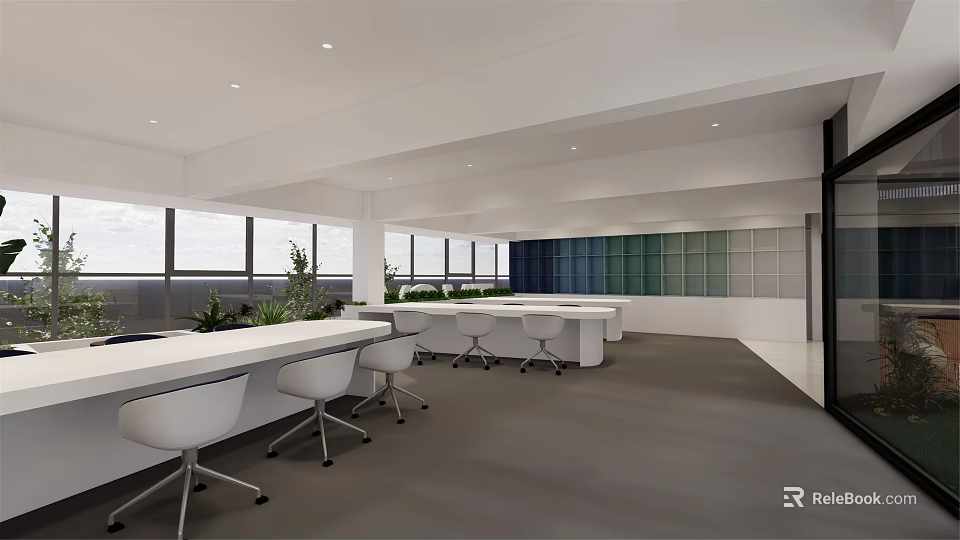 Modern Public Office Space With White Desks Ergonomic Chairs Large Windows And Green Plants 3d model 