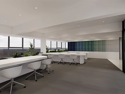 Modern Public Office Space With White Desks Ergonomic Chairs Large Windows And Green Plants 3d model
