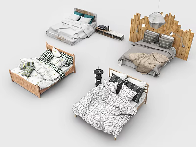 Stylish Double Bed Designs Featuring Wooden Headboards And Patterned Bed Linens 3d model