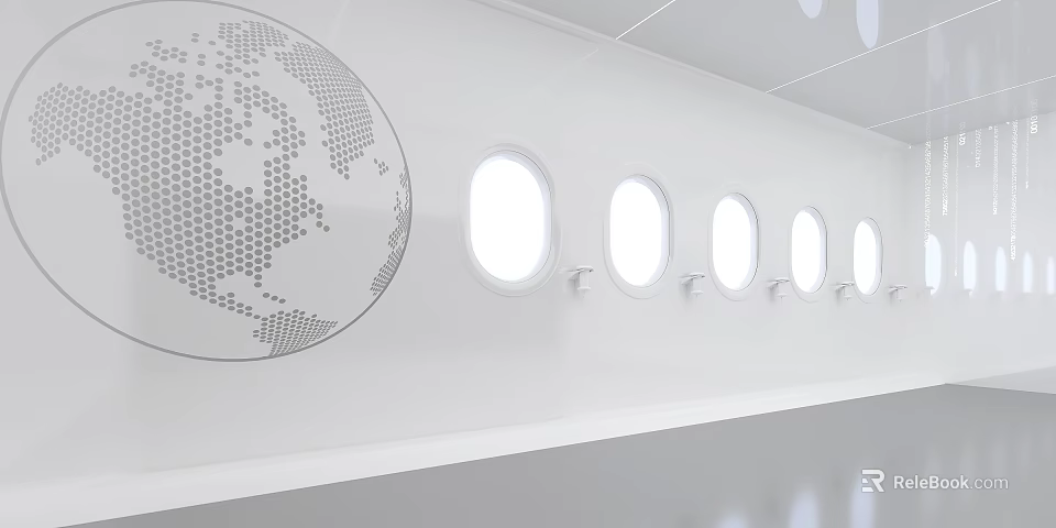 Modern Airplane Interior Featuring Globe Design And Row Of Windows 3d model 