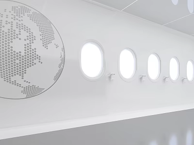 Modern Airplane Interior Featuring Globe Design And Row Of Windows 3d model