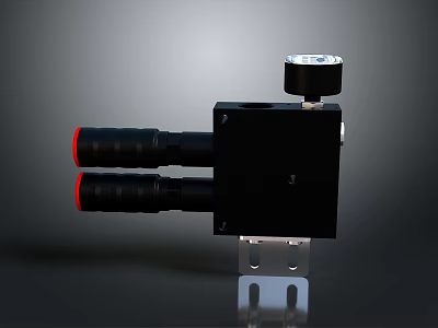 Black Industrial Equipment With Top Sensor And Two Red Cylindrical Parts On Metal Stand 3d model