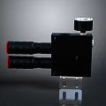 Black Industrial Equipment With Top Sensor And Two Red Cylindrical Parts On Metal Stand