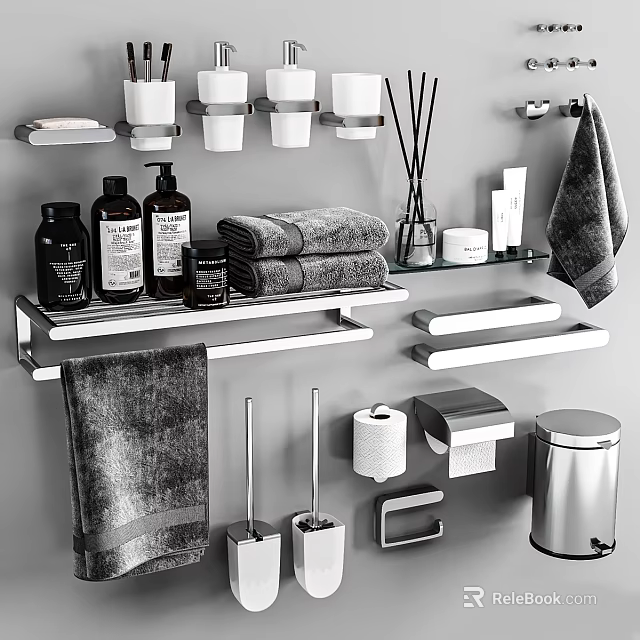 Organized Bathroom Daily Washing Supplies With Towels Shelves Soap Toiletries And Trash Can 3d model 