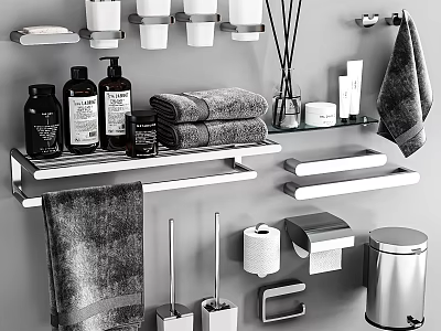 Organized Bathroom Daily Washing Supplies With Towels Shelves Soap Toiletries And Trash Can 3d model