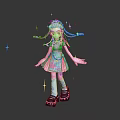 Colorful Game Character With Blue Braids Pink Top And Patterned Skirt Surrounded By Sparkling Stars