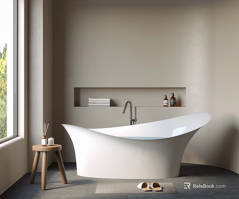 White Freestanding Bathtub in Bathroom with Wooden Stool by Window Niche Towels Toiletries and Slippers 3d model 