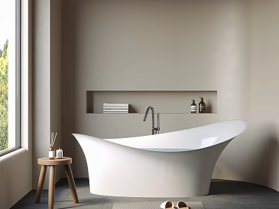 White Freestanding Bathtub in Bathroom with Wooden Stool by Window Niche Towels Toiletries and Slippers 3d model