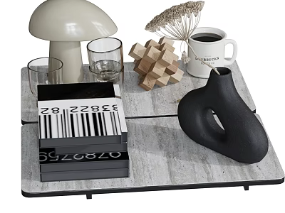 Decorative Ornament Set With Mushroom Lamp Glasses Wooden Puzzle Coffee Mug And Black Abstract Sculpture 3d model