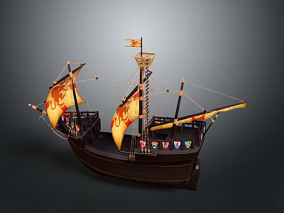 Ancient Sailing Ship As Water Transport With Yellow Sails Red Patterns And Decorative Masts 3d model
