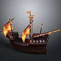 Ancient Sailing Ship As Water Transport With Yellow Sails Red Patterns And Decorative Masts