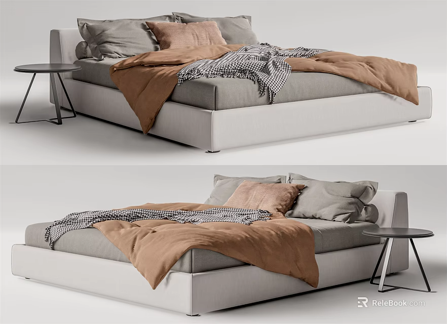Double Bed With White Frame Gray Pink Pillows Brown Blanket And Small Round Side Table 3d model 